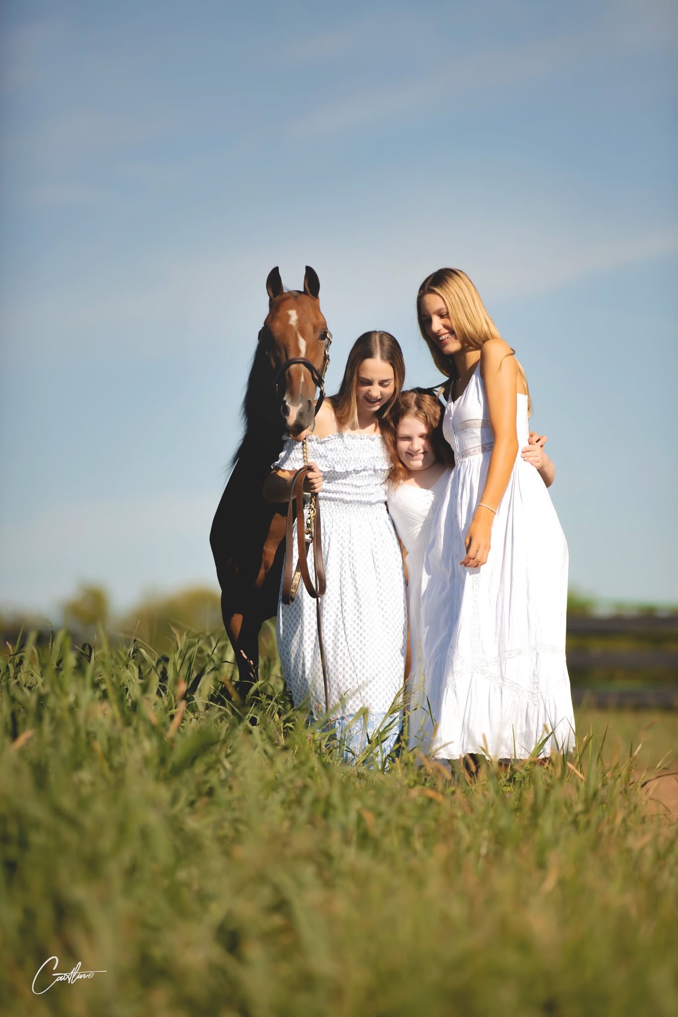 Three friends posing with a horse